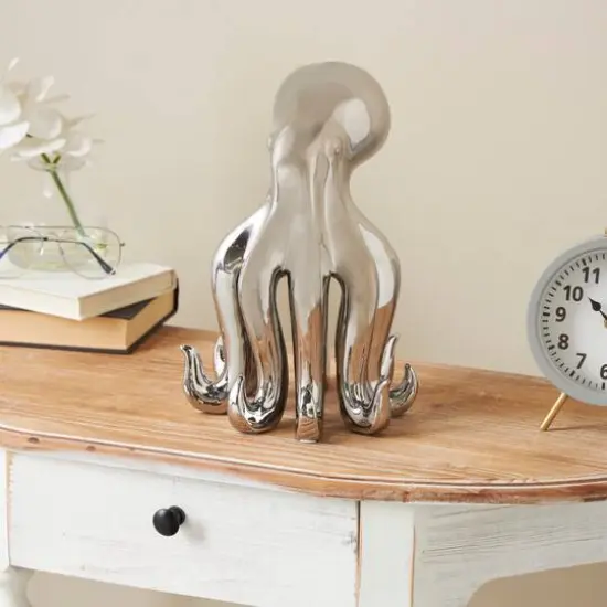 12" Silver Ceramic Octopus Sculpture {10}
