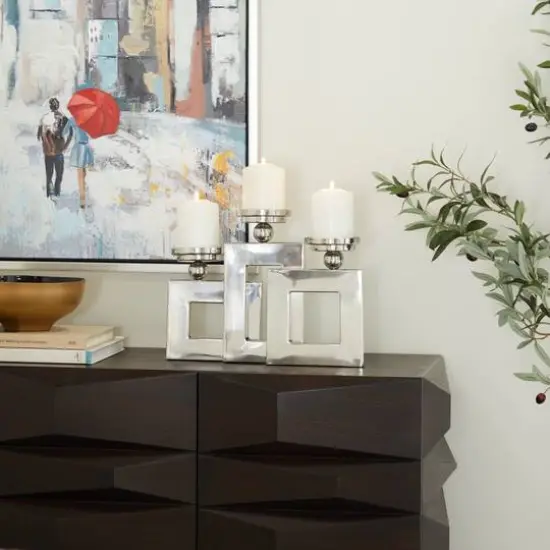 Silver Stainless Steel Modern Candle Holder, 11" x 14" x 6" {9}