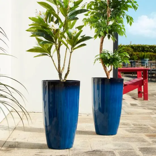 Glitzhome® 23.5" Gradient Cobalt Blue Faux Ceramic Tall Plastic Planters, 2ct. {3}