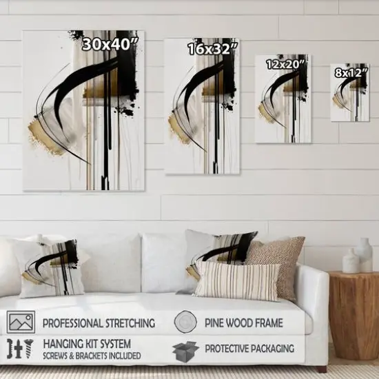 Designart 'Black, White And Gold Expression I' Modern Framed Canvas Wall Art Thin Gold {5}
