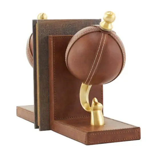 9" Brown Leather Globe Handmade Stitched Bookends Set {5}