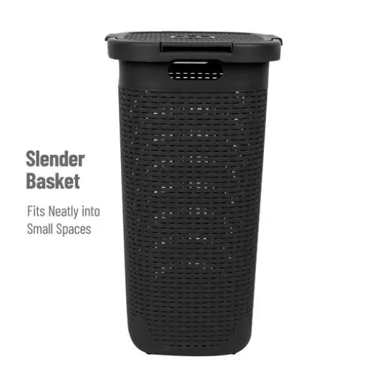 Mind Reader 60L Ventilated Slim Laundry Hamper with Cut Out Handles & Attached Hinged Lid, 2ct. Black {7}