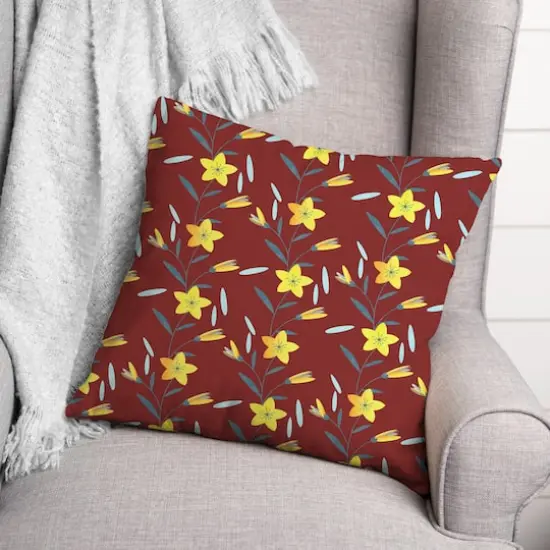 Linear Floral Print Throw Pillow Red {3}