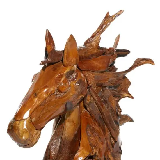 Brown Teak Wood Natural Horse Sculpture 33" x 31" x 13" {5}