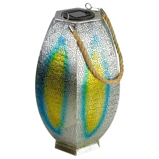 15.5" Silver Floral Outdoor Hanging Solar Lantern with Jute Handle {4}