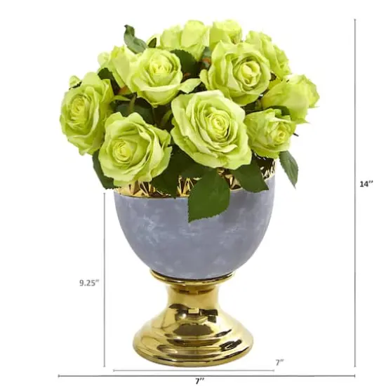 14" Rose Arrangement in Urn with Gold Trimming Green {3}