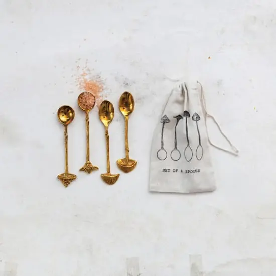 Hello Honey 4-Piece Brass Spoons with Mushroom Handles, Gold {3}