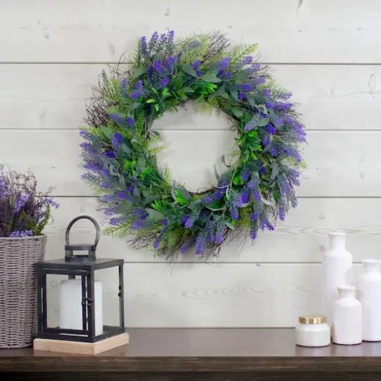 24" Purple Lavender & Spring Foliage Artificial Floral Wreath {3}