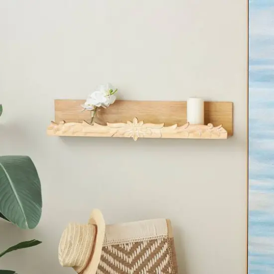 30" Light Brown Wooden Floral Room Wall Shelf with Carved Scroll Lip {9}