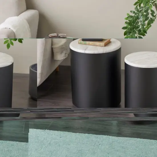 Black Metal Nesting Accent Table with Faux White Marble Top Set {9}