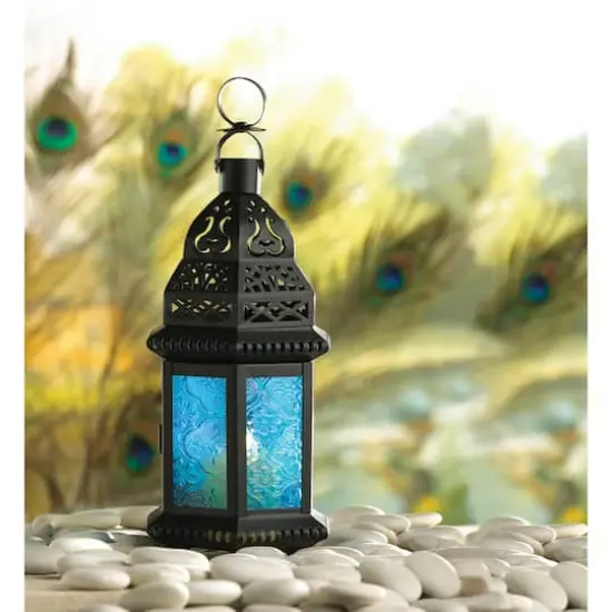10" Black Moroccan Style Hanging Candle Lantern with Etched Blue Glass {4}