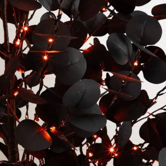 7ft. Pre-Lit Artificial Halloween Black Eucalyptus Tree with 420 Orange & Purple LED Lights {6}