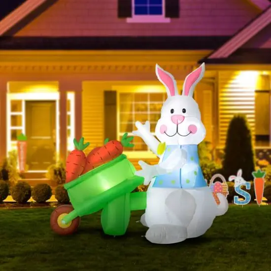 Glitzhome® 72.75" Easter Lighted Bunny Wheel Barrow Inflatable Decor {3}