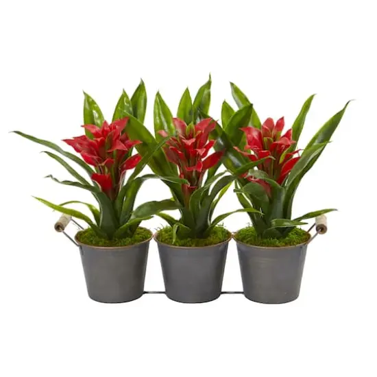 11" Red & Green Triple Potted Bromeliad Artificial Plant in Decorative Planter {1}