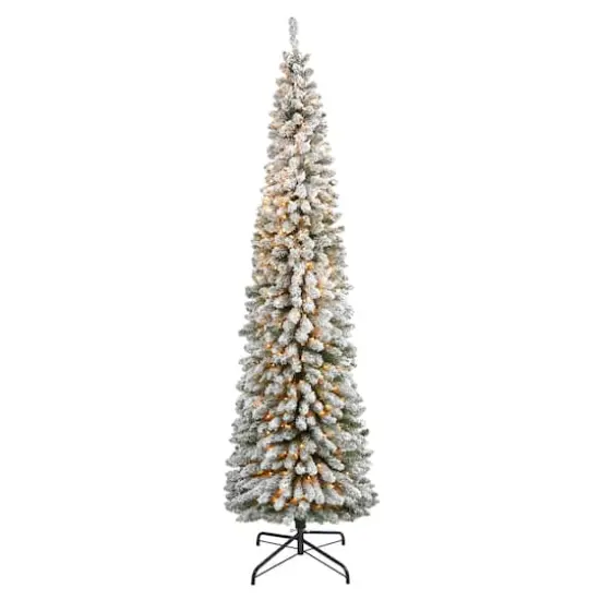 8ft. Pre-Lit Flocked Pencil Artificial Christmas Tree with Clear LED Lights {1}