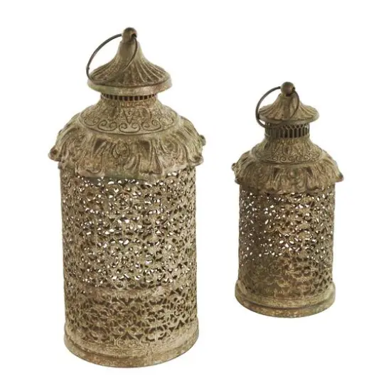Brown Ornate Scroll Metal Candle Lantern Set {6}