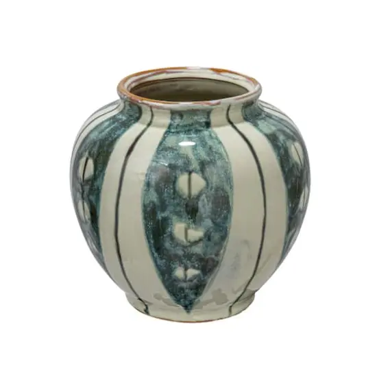 Hello Honey&reg; 9" Cream & Green Reactive Glaze Striped Round Hand-Painted Stoneware Vase {1}