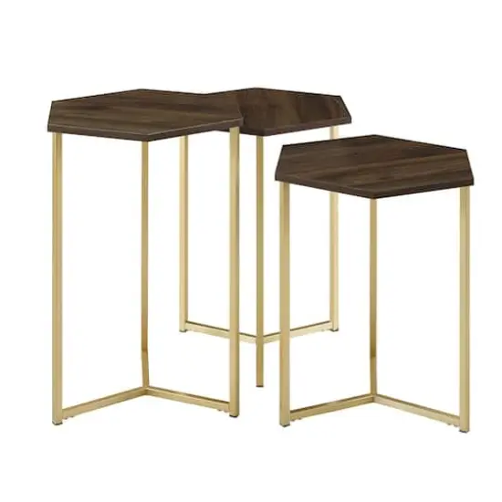 Walker Edison Dark Walnut/Gold Hexagon Modern Nesting Tables Set {3}
