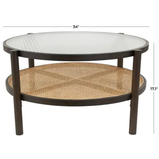 34" Brown Rattan Coffee Table with Pressed Tempered Glass Top {8}
