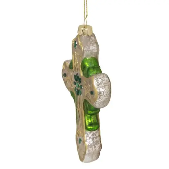 5" Luck of the Irish Green & White Mercury Glass Cross Christmas Ornament {5}