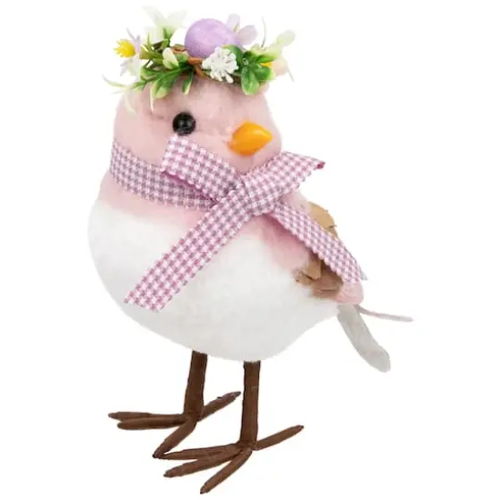7.75" Pink Plush Bird Easter Accent with Gingham Bow {5}