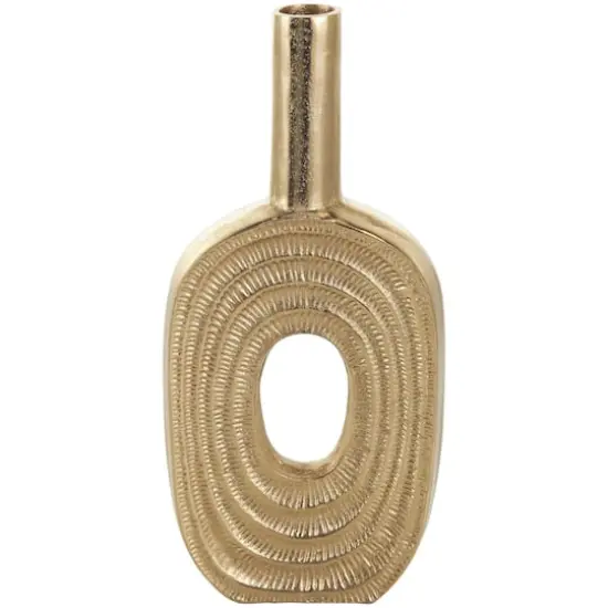 16" Gold Aluminum Metal Geometric Circular Vase with Linear Etchings {4}