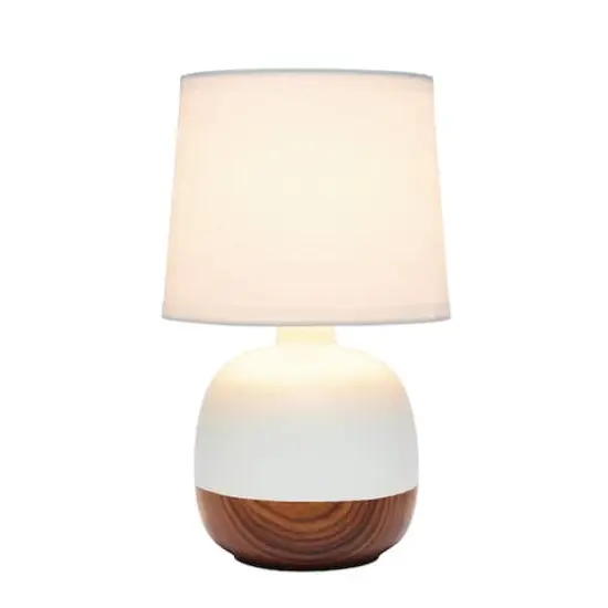 Simple Designs 12" Petite Mid Century Dark Woodgrain Base Table Lamp Off White {3}