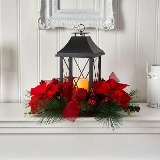 15" Red Poinsettia, Pinecone & Greenery Lantern with LED Candle Artificial Christmas Arrangement {3}