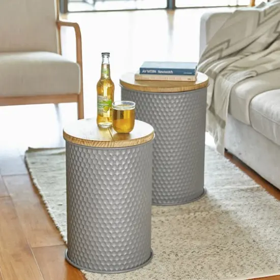 Glitzhome&reg; Metal Storage Accent Table with Solid Wood Lid Set Gray {3}
