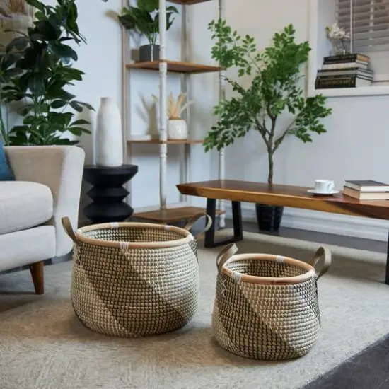 Brown Round Seagrass Handmade Striped Storage Basket Set {3}