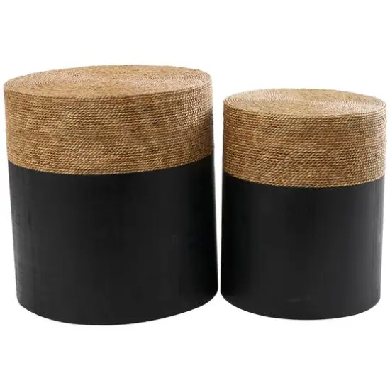 Black Wood Handmade Colorblock Wrapped Accent Table with Dried Plant Tabletops Set {6}