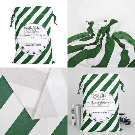 Personality Case&trade; 17" x 26" Green & White Stripe Cotton Christmas Drawstring Bag {5}