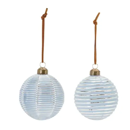 3" Ribbed Blue & White Glass Ball Ornament Set {4}