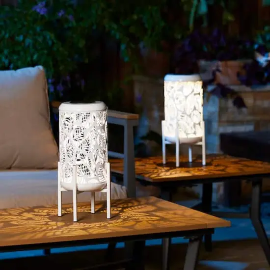 Glitzhome&reg; 14.25" White Metal Cutout Leaves Pattern Solar Powered LED Outdoor Lanterns, 2ct. {4}