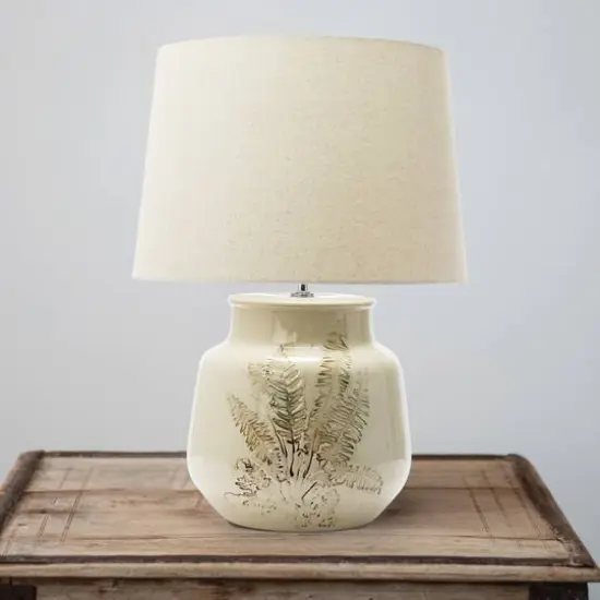 Hello Honey&reg; 22" Cream and Green Reactive Crackle Glaze Debossed Botanical Stoneware Table Lamp with Linen Shade Set {4}