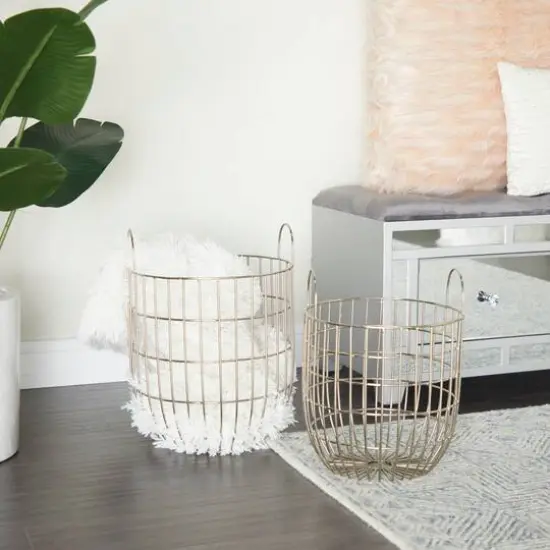 Set of 2 Silver Iron Contemporary Storage Basket, 17" x 13" x 13" {8}