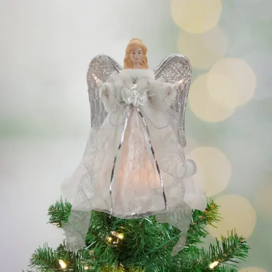12" Lighted Silver & White Angel with Wings Christmas Tree Topper, Clear Lights {3}