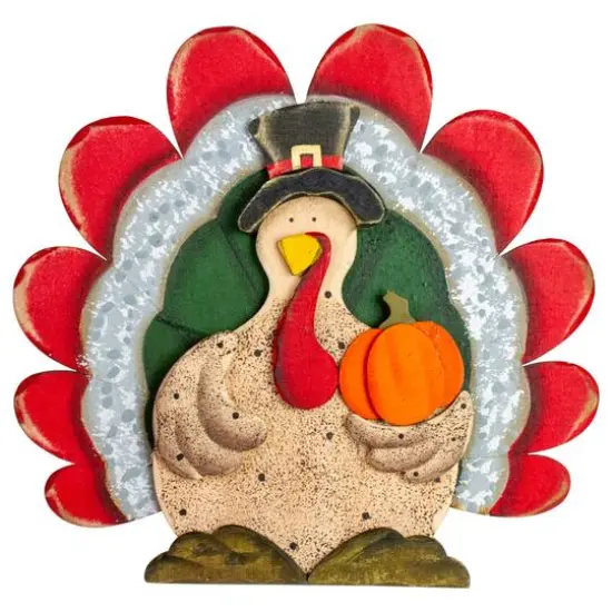 10" Wooden Turkey with Pumpkin Thanksgiving Decoration {1}