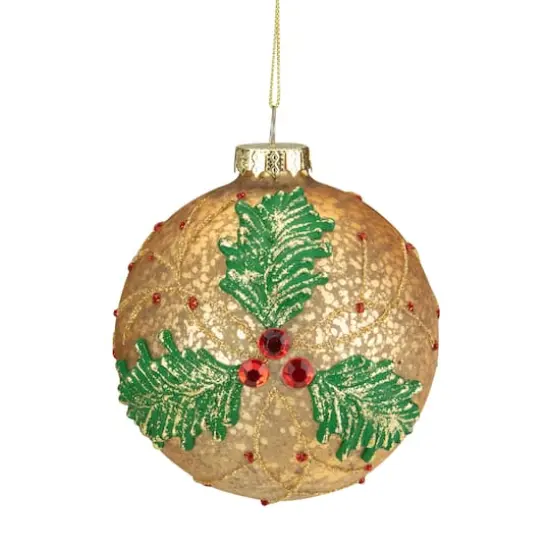 4" Gold Holly Berry Mercury Glass Ball Christmas Ornament {1}