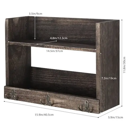 Rustic Wood Floating Storage Shelf with 3 Hooks Brown {4}