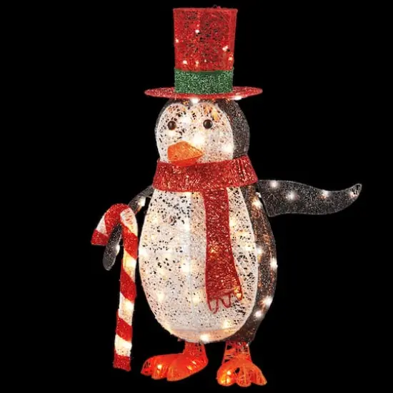 36" Penguin Holding Candy Cane, White LED Lights {4}