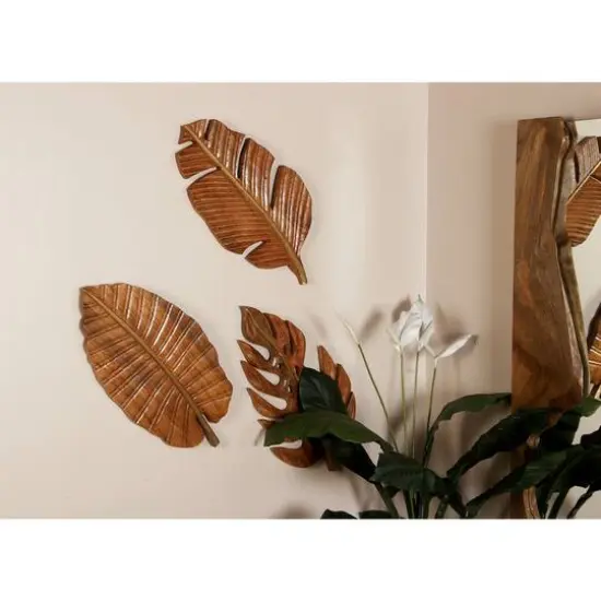 Brown Mango Wood Coastal Leaf Wall D&eacute;cor Set {9}