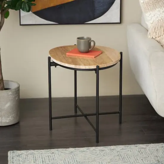 19.75" Beige Marble Accent Table with Black Metal Support {3}