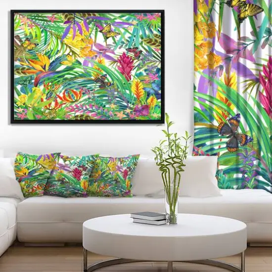Designart - Tropical Leaves and Flowers - Floral Art Canvas Print in Black Frame {5}