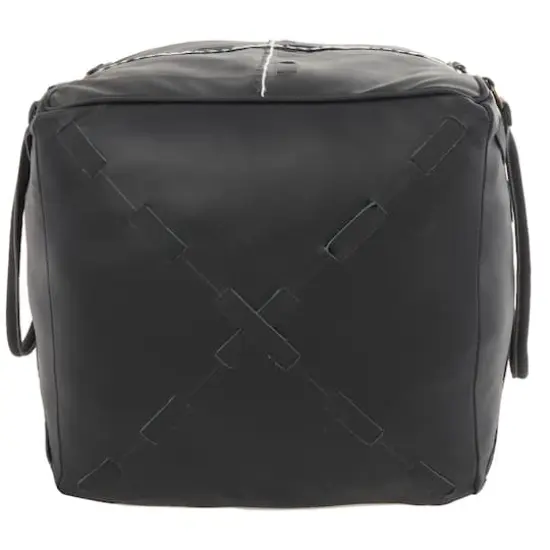 22" Leather Pouf with Woven Straps & Handles Black {8}