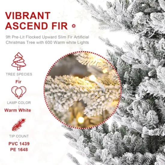 Glitzhome&reg; 9ft Pre-Lit Flocked Upward Slim Fir Artificial Christmas Tree, Warm White LED Lights {8}