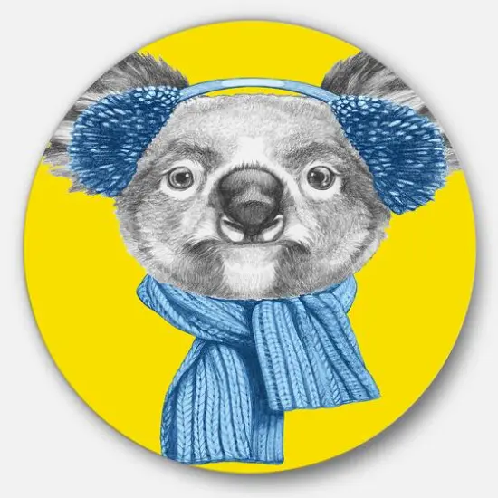 Designart - Koala with Scarf and Earmuffs' Disc Animal Metal Circle Wall Decor {1}