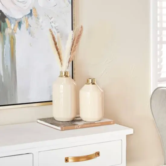 Set of 2" Cream Metal Modern Vase, 10" x 5" x 5" {8}
