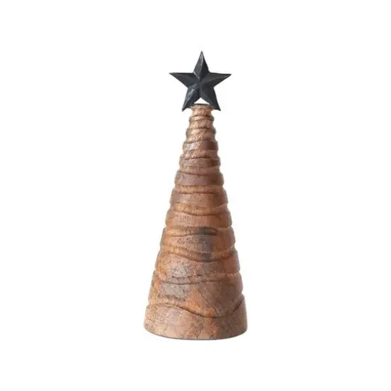 Hello Honey&reg; 10.25" Tall Carved Mango Wood & Metal Christmas Tree with Black Star {1}