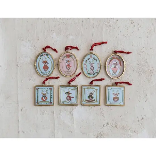 Hello Honey® 8 Pack 4.25" Santa's Reindeer Photo Frame Glass & Metal Ornaments {3}